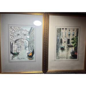 Set of 2 Venice Prints of Bridge and Canal Signed